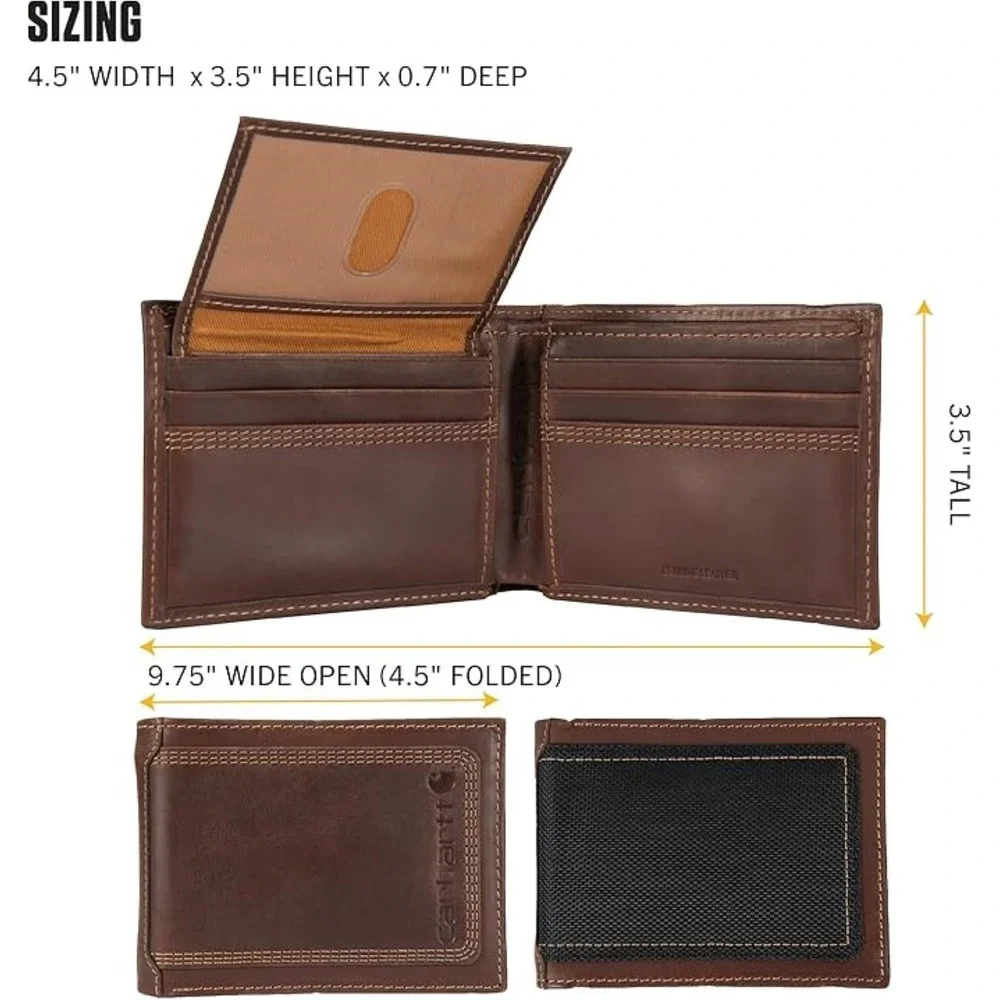 CARHARTT Men's Leather Triple Stitch Detroit Passcase Bi-Fold Wallet (Black)